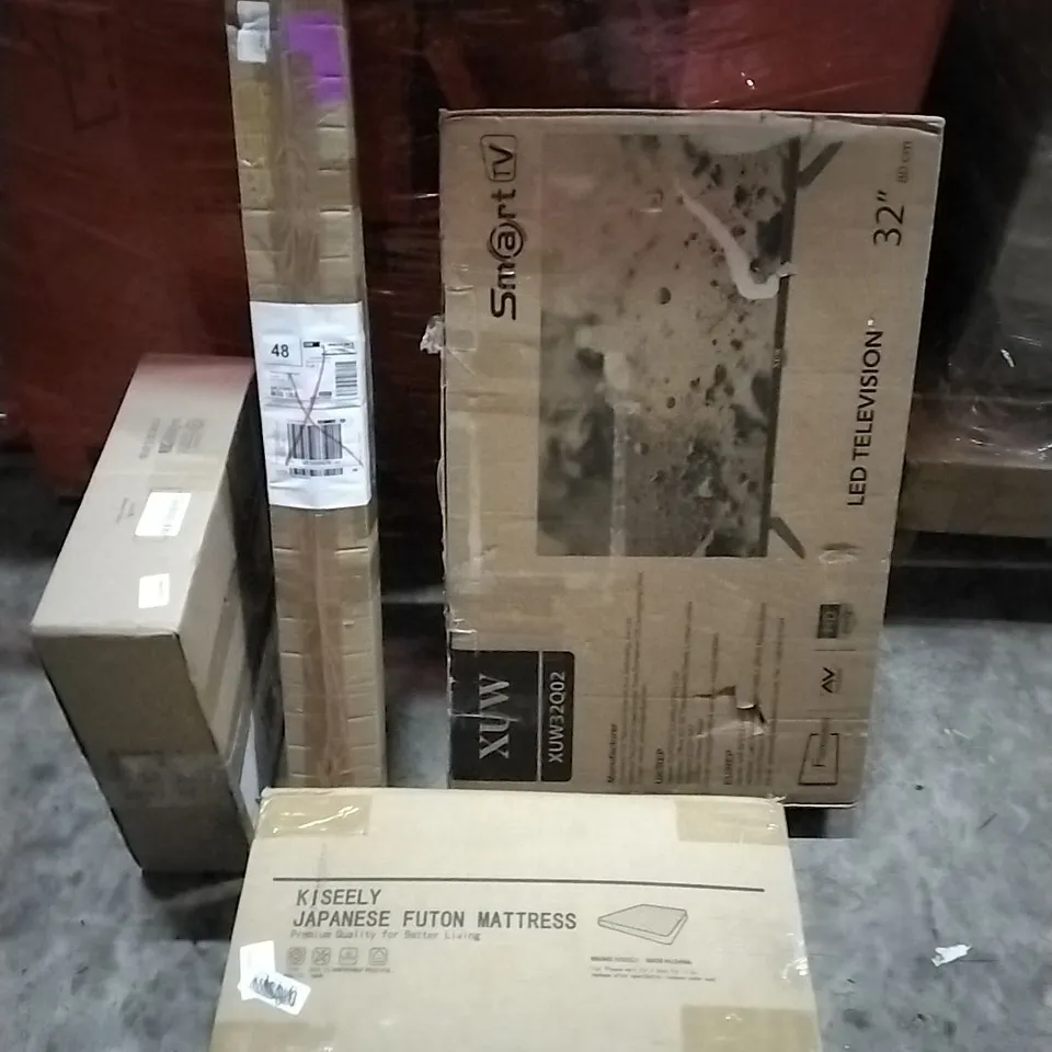 PALLET OF HOUSEHOLD ITEMS TO INCLUDE CEILING LIGHT, JAPANESE FUTON MATTRESS, SMART TV, LEDBLIGHT AND OTHER ASSORTED ITEMS...