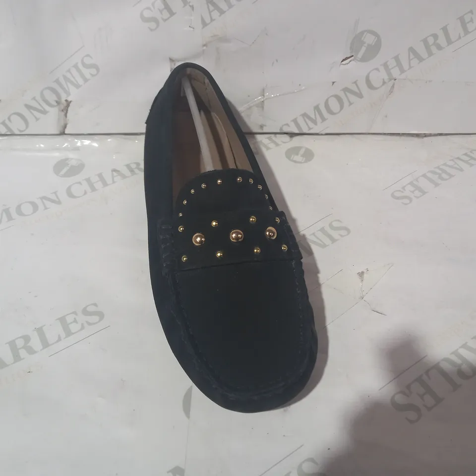 BOXED PAIR OF DESIGNER FAUX SUEDE LOAFERS IN BLACK WITH GOLD EFFECT STUDS SIZE UNSPECIFIED