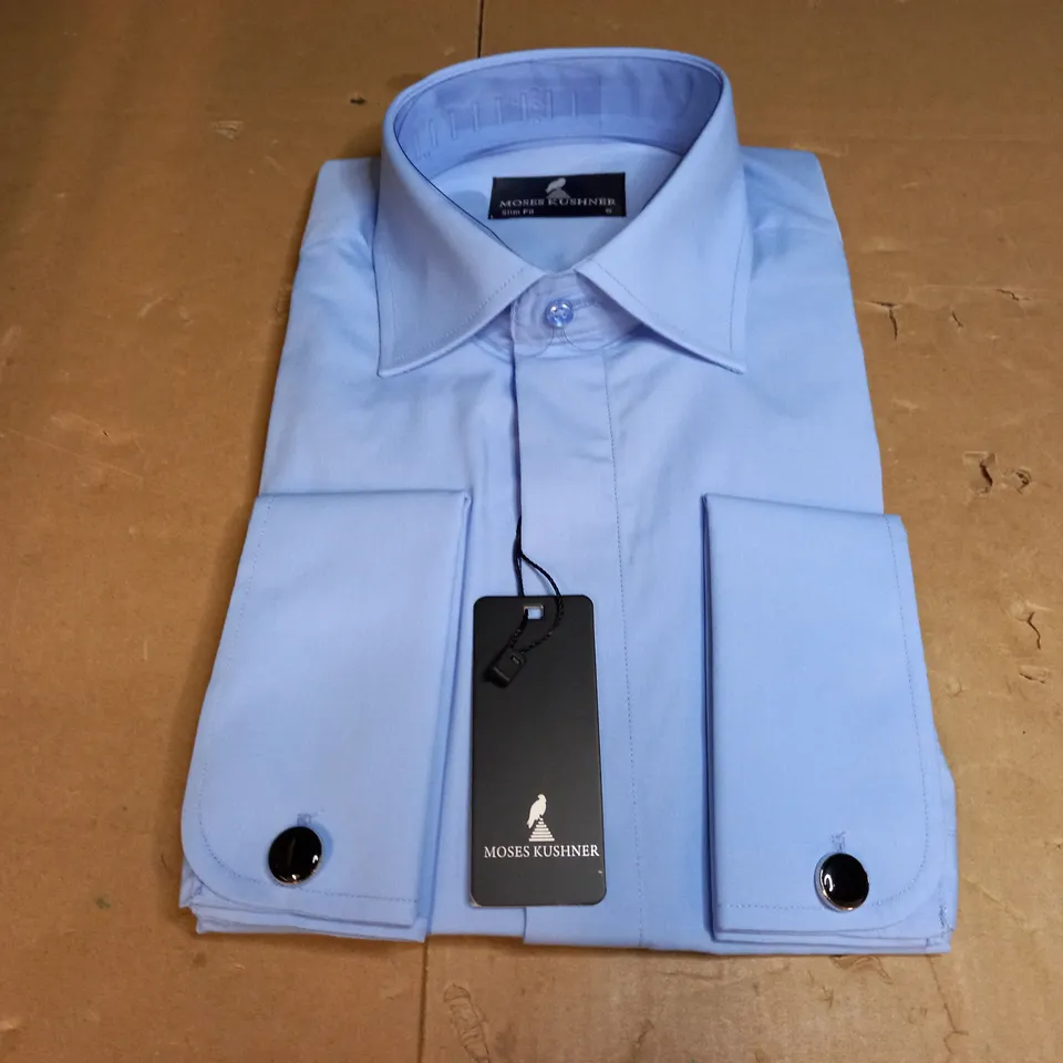 MOSES KUSHNER LOT OF 5 LONG SLEEVE SLIM FIT BUTTONED BLUE SHIRTS IN VARIOUS SIZES - 2 SMALL, 3 XL