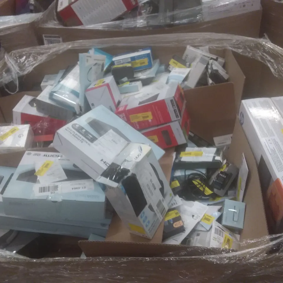 PALLET OF LARGE AMOUNT OF ASSORTED PRODUCTS TO INCLUDE PRINTERS, HOME SECURITY, AND GAMING KEYBOARDS ETC