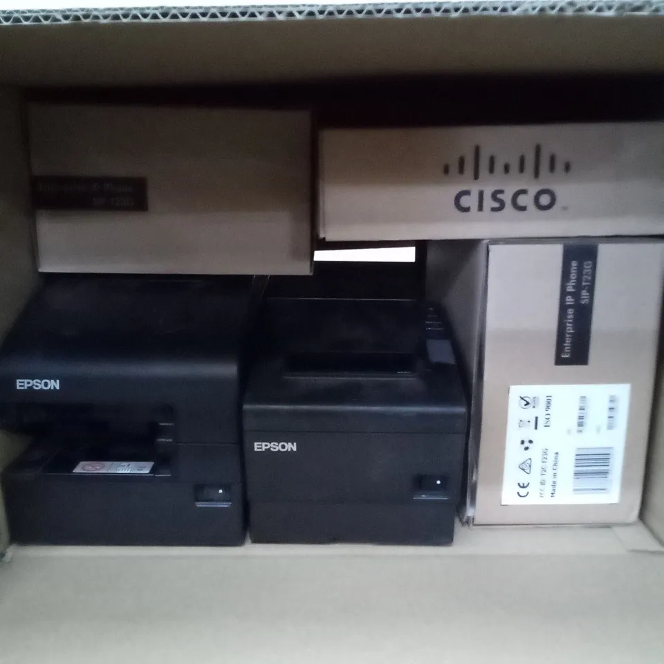 BOX OF 2 EPSON RECEIPT MACHINES AND CISCO OFFICE LANDLINE PHONES