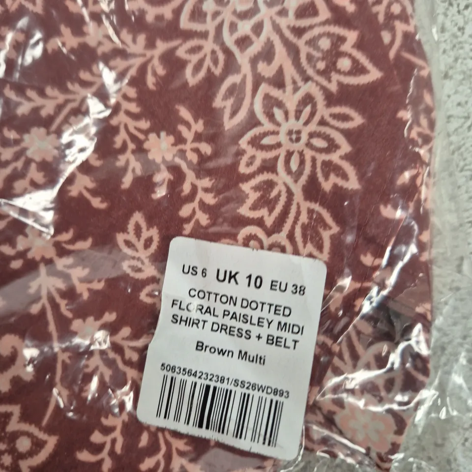 ME+EM COTTON DOTTED FLORAL PAISLEY MIDI SHIRT DRESS + BELT, BROWN MULTI – UK 10 (US 6, EU 38)