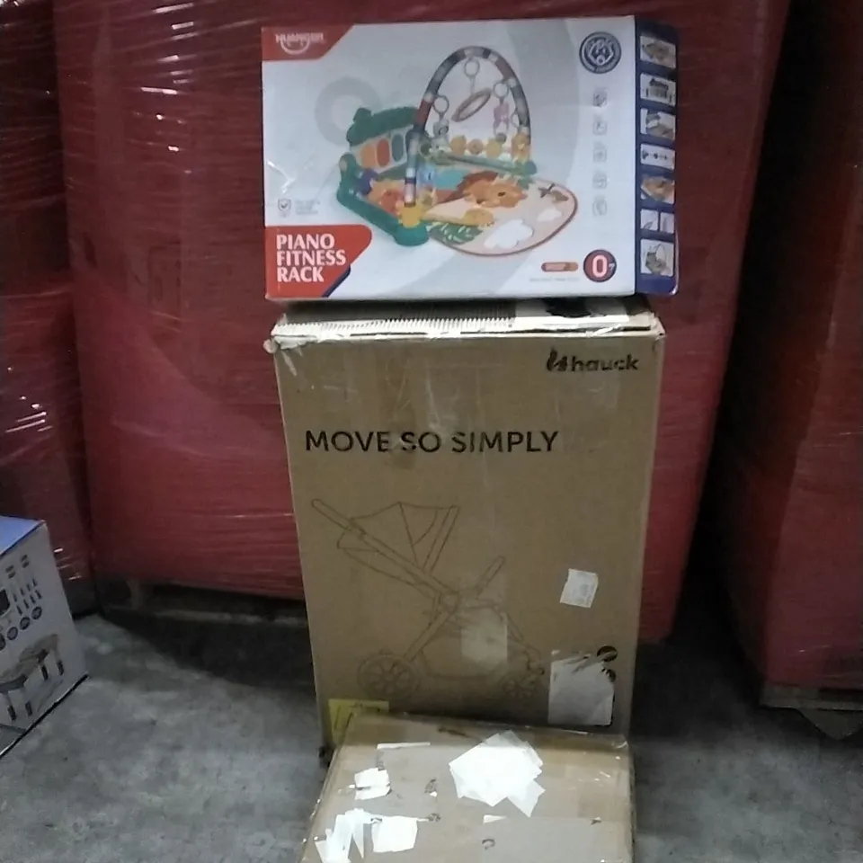 PALLET OF ASSORTED PRODUCTS AND HOUSEHOLD GOODS TO INCLUDE;BABY PRAM,PIANO FITNESS RACK,BEDTIME NIGHTSTAND
