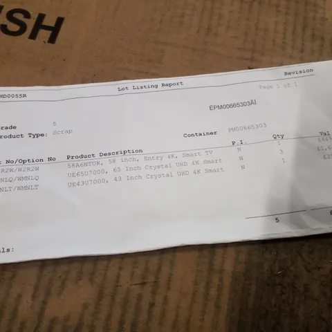 PALLET OF FIVE ASSORTED WAREHOUSE DAMAGED TV'S TO INCLUDE;