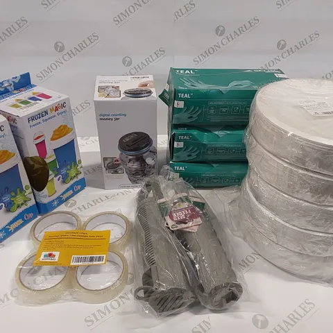 BOX OF 13 ASSORTED BRAND NEW ITEMS TO INCLUDE: 2 X FROZEN MAGIC SLUSHY MAKER, DIGITAL COUNTING MONEY JAR, 4 PACK OF CELLOTAPE