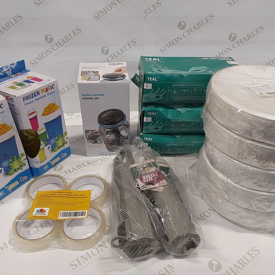 BOX OF 13 ASSORTED BRAND NEW ITEMS TO INCLUDE: 2 X FROZEN MAGIC SLUSHY MAKER, DIGITAL COUNTING MONEY JAR, 4 PACK OF CELLOTAPE
