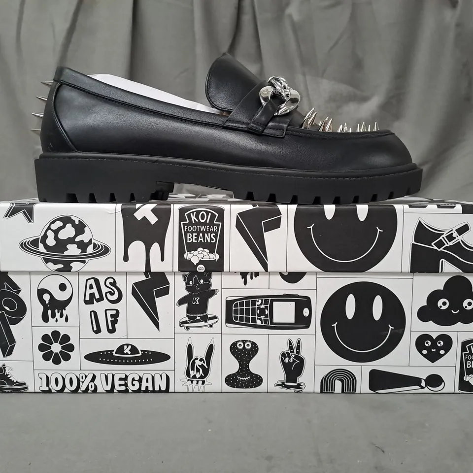 BOXED PAIR OF KOI VEGAN THE GRAVE WARDEN MEN'S SPIKED LOAFERS IN BLACK UK SIZE 10