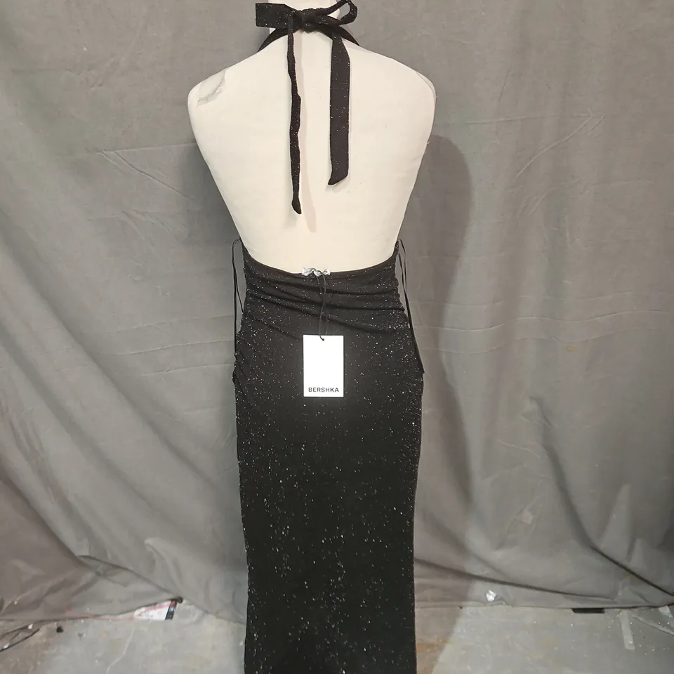 BERSHKA BLACK GLITTER HALTER-NECK MAXI DRESS SIZE M