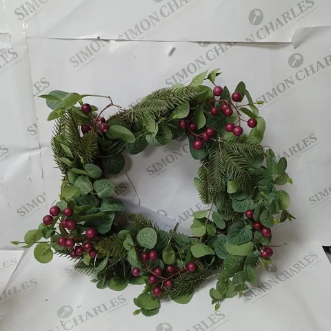 BOXED SARA DAVIES PRE-LIT FAUX EUCALYPTUS & BERRY WREATH