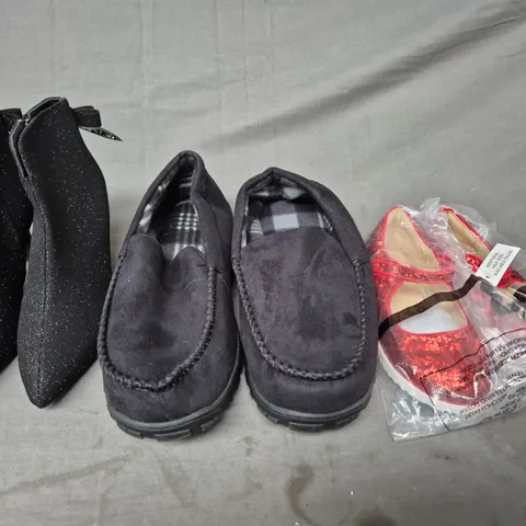 BOX OF APPROXIMATELY 15 ASSORTED PAIRS OF SHOES AND FOOTWEAR ITEMS IN VARIOUS COLOURS, STYLES, AND SIZES - COLLECTION ONLY