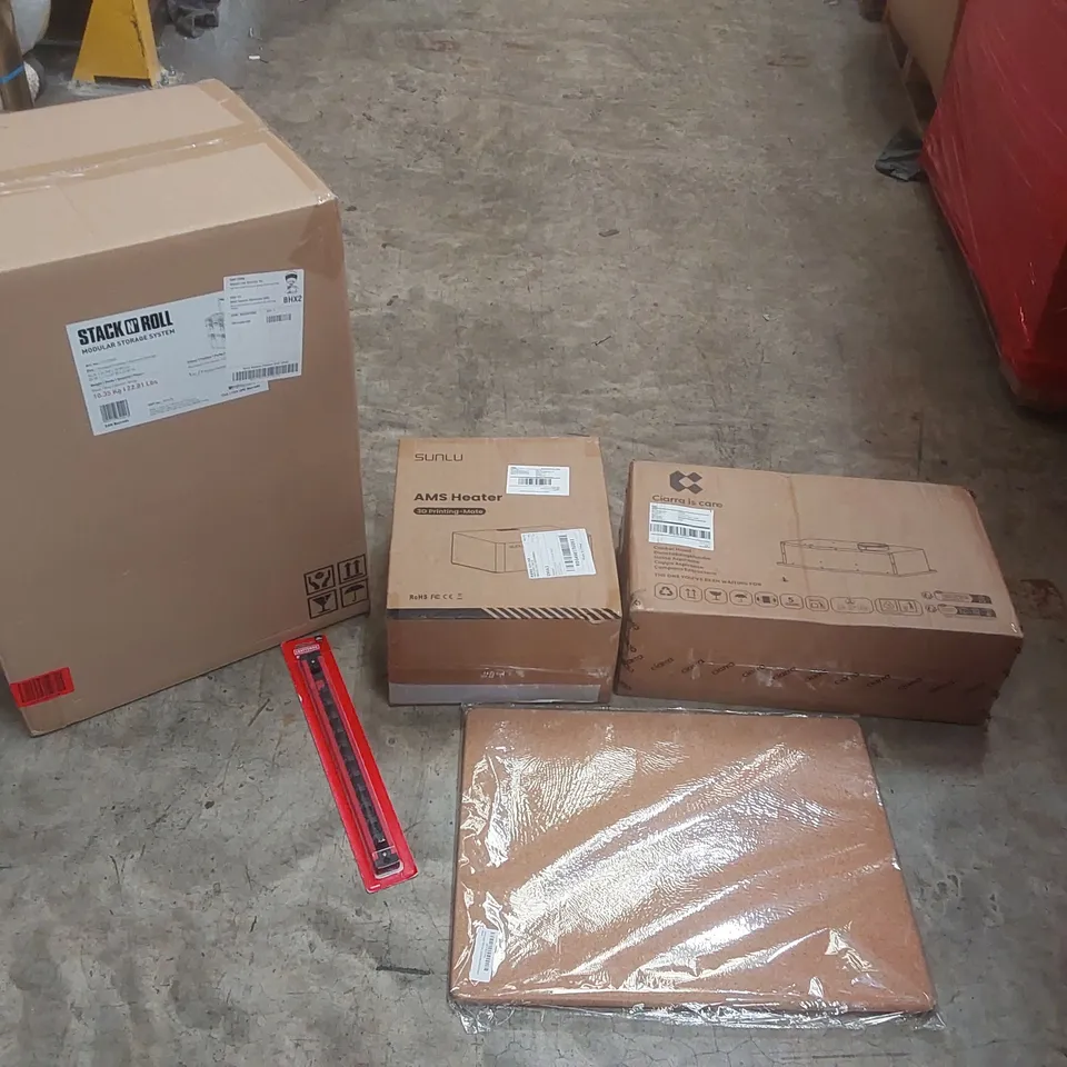 PALLET CONTAINING A LARGE QUANTITY OF ASSORTED ITEMS INCLUDING: STACK N' ROLL MODULAR STORAGE SYSTEM, AMS HEATER FOR 3D PRINTER, COOKER HOOD, SAUNA MATS, SOCKET HOLDER ECT