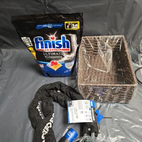 APPROXIMATELY 20 ITEMS OF BOX OF MIXED HOUSEHOLD & TOOLS ITEMS INCLUDING FINISH DISHWASHER TABLETS AND OXFORD BIKE LOCK.