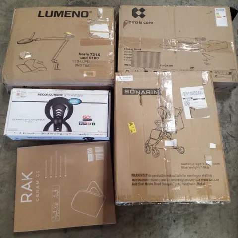 PALLET CONTAINING ASSORTED PRODUCTS INCLUDING COOKER HOOD, STROLLER, TOILET SEAT, HDTV ANTENNA & LED MAGNIFYING LAMP AND TABLE TRIPOD
