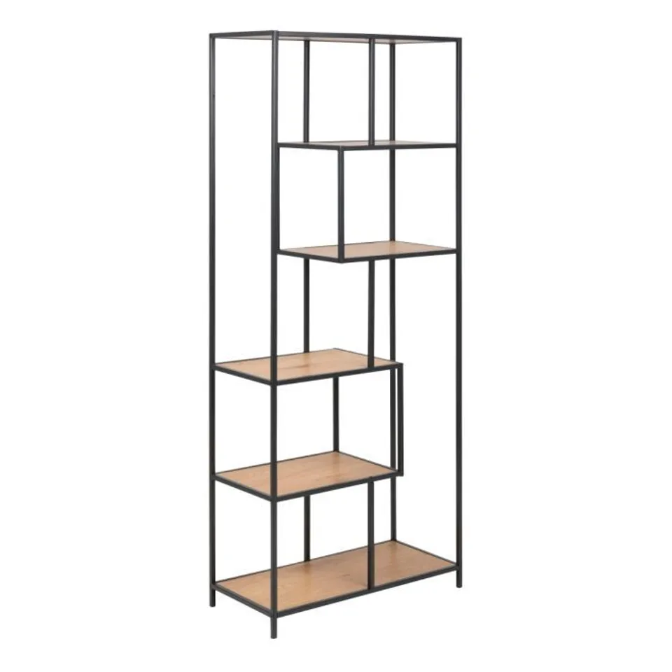 BOXED SEAFORD TALL BLACK METAL BOOKCASE WITH 5 OAK SHELVES