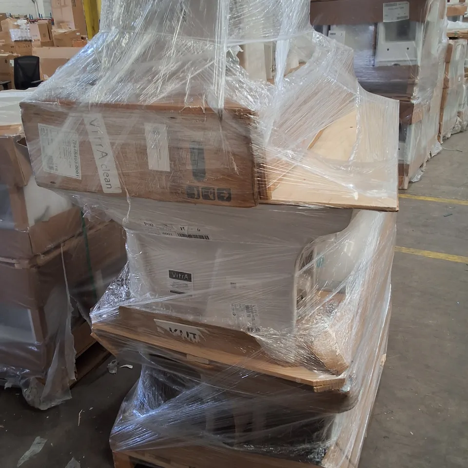 PALLET CONTAINING 6 VITRA S20 COMFORT HEIGHT CLOSE COUPLED WHITE WC PANS, 5 VITRA LAYTON 300MM SEMI PEDESTALS & BOXED EQUAL VANITY WASHBASIN WITH TAP HOLE, WITH OVERFLOW HOLE, 130 CM, WHITE