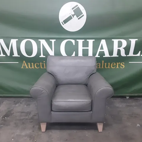 QUALITY BRITISH MADE LOUNGE Co PENELOPE GREY LEATHER ARMCHAIR ON LIGHT WOODEN FEET