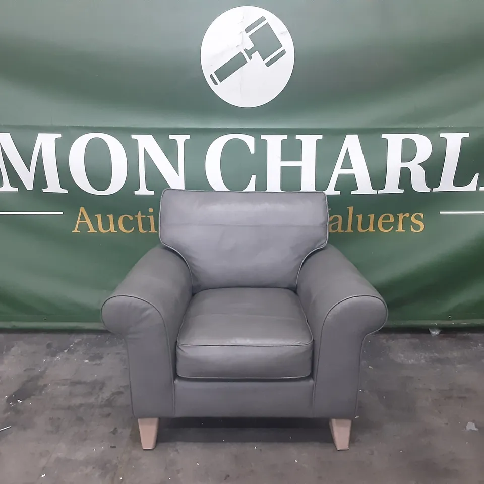 QUALITY BRITISH MADE LOUNGE Co PENELOPE GREY LEATHER ARMCHAIR ON LIGHT WOODEN FEET 