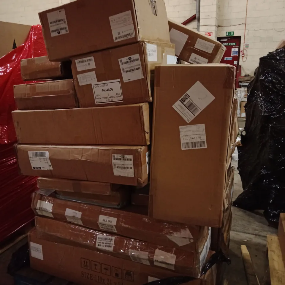 PALLET OF ASSORTED HOUSEHOLD GOODS AND PRODUCTS TO INCLUDE:GARDEN MOBILE SEAT, STAINLESS STEEL SINK,SHOPPING CART, EXERCISE BIKE,IRONING BOARD,ETC