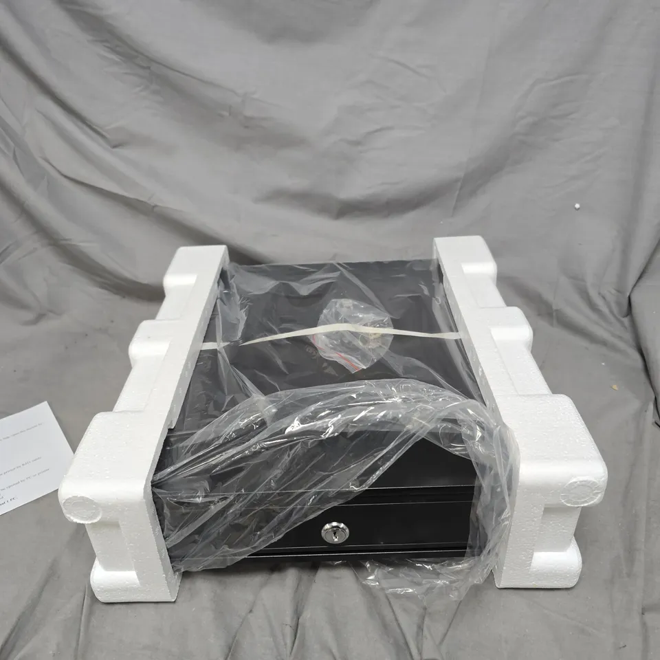 COMPACT KEY-LOCKED SAFE/CASH DRAW – BLACK METAL, WITH FOAM PACKAGING