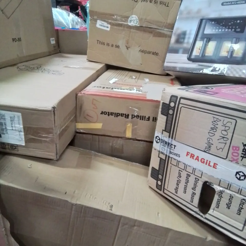 MIXED PALLET OF VARIOUS HOUSEHOLD ITEMS TO INCLUDE: KIDS SLIDE, OIL FILLED RADIATOR, DUAL ZONE DIGITAL AIR FRYER AND LOTS MORE UNMARKED BOXED ITEMS 