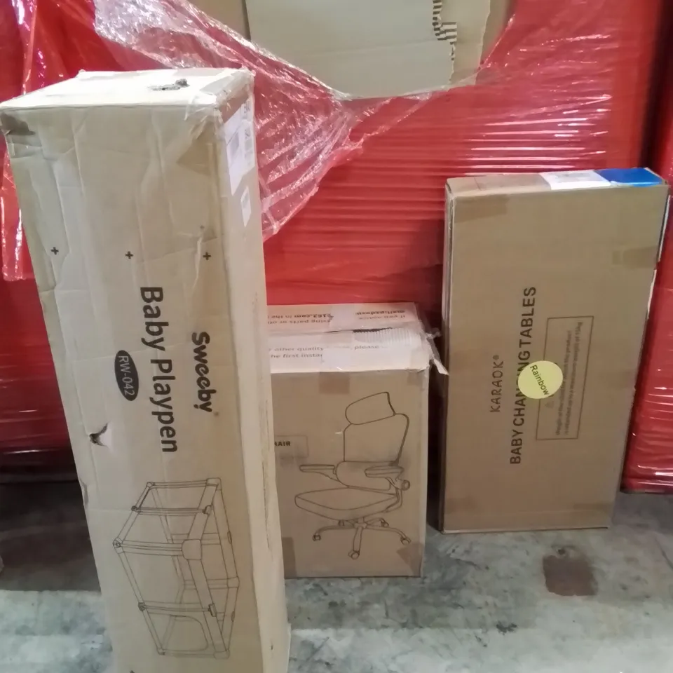 PALLET OF ASSORTED HOUSEHOLD GOODS AND PRODUCTS TO INCLUDE;BABY CHANGING TABLE,PLAYPEN,OFFICE CHAIR 