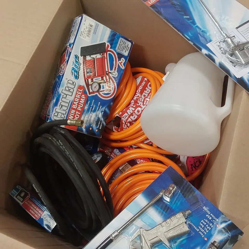 BOX CONTAINING A LARGE ASSORTMENT OF TOOLS/EQUIPMENT INCLUDING: TWIN BARREL FOOT PUMP, AIRLINE TYRE INFLATOR WITH PRESSURE GAUGE, LONG NOZZLE BLOW GUN, HOSES ECT