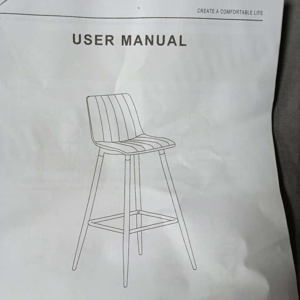 PAIR OF BOXED GREY UPHOLSTERED BAR STOOLS WITH BACKREST AND FOOTREST