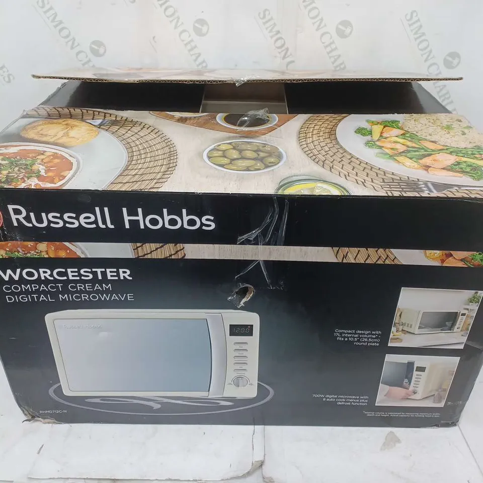 BOXED RUSSELL HOBBS WORCHESTER COMPACT CREAM DIGITAL MICROWAVE