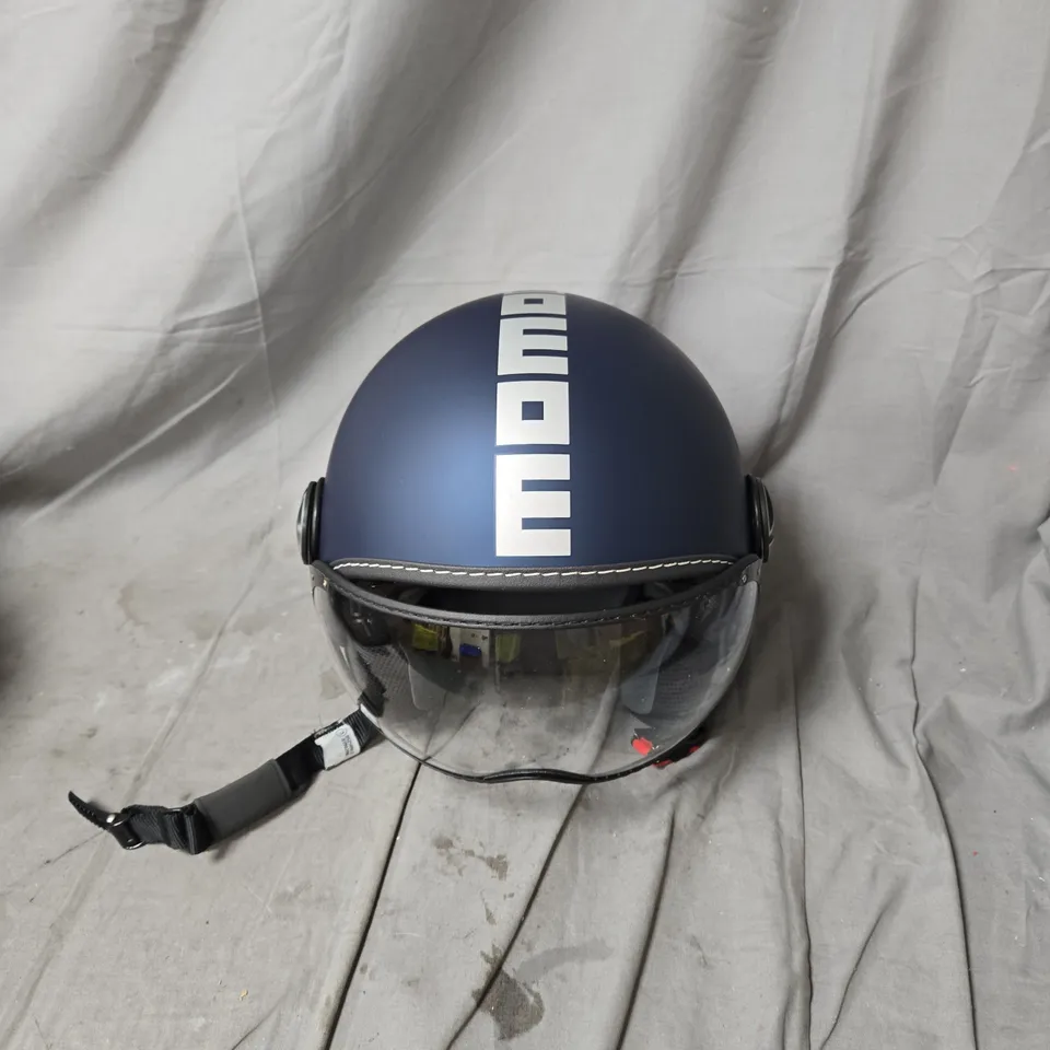 MOMO DESIGN BLUE OPEN-FACE MOTORCYCLE HELMET WITH WHITE LETTERING AND CLEAR VISOR