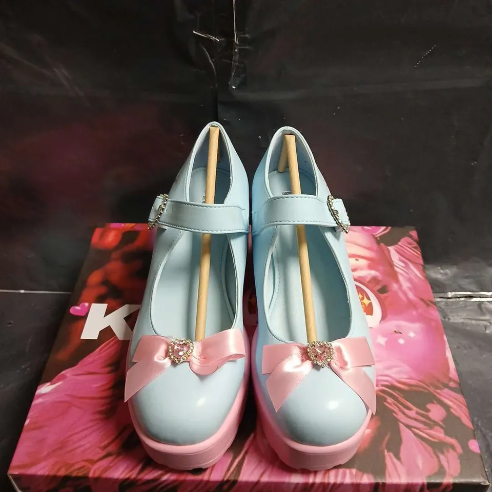BOXED PAIR OF KOI GIRLS' PASTEL BLUE MARY JANE SHOES WITH PINK BOW - UK SIZE 34