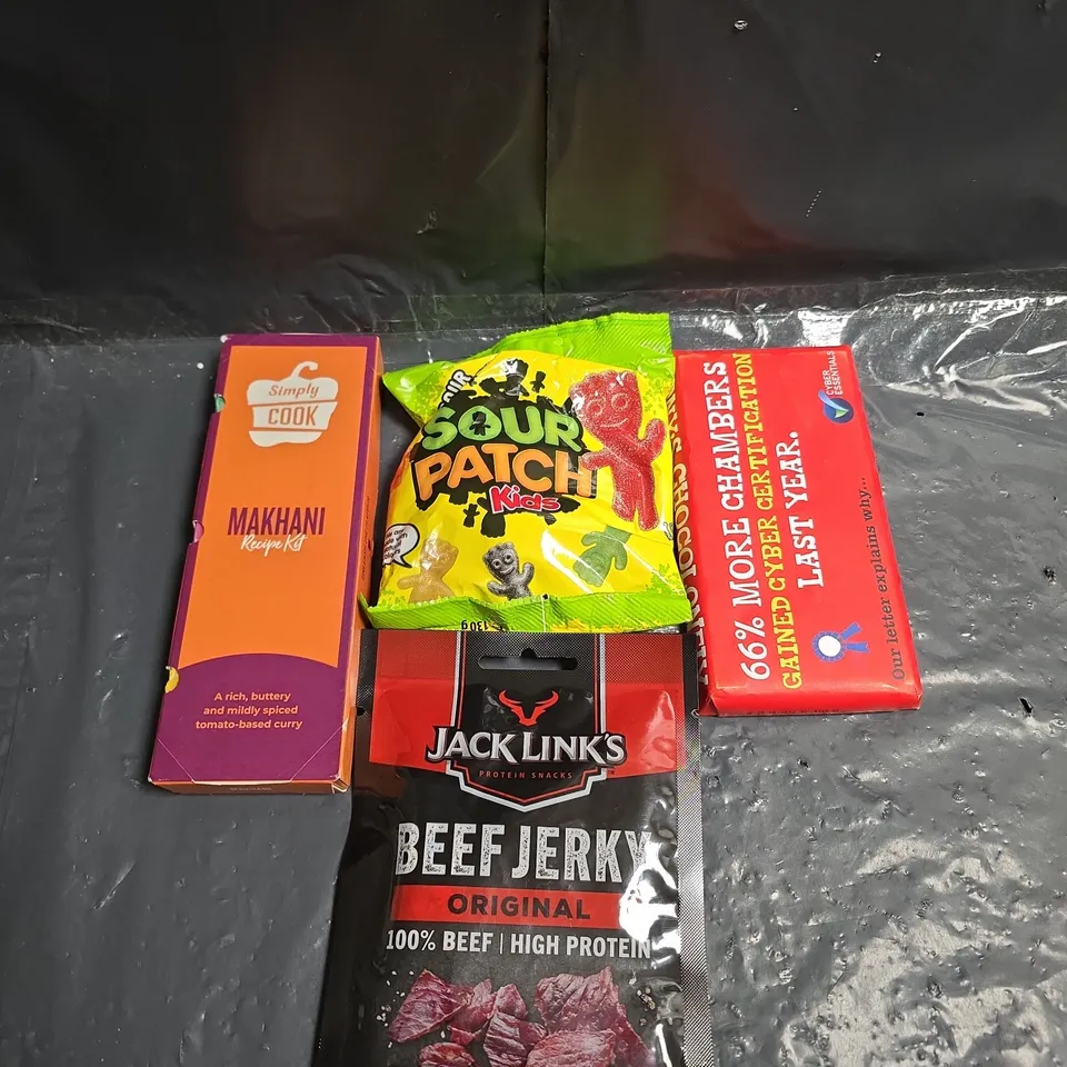 APPROXIMATELY 5 ASSORTED FOOD ITEMS TO INCLUDE - BEEF JERKEY, TONYS CHOCOLATE AND SWEETS