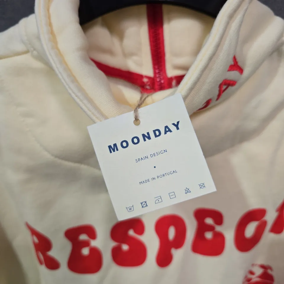 MOONDAY HOODIE XS/S – CREAM WITH RED PRINT, 'RESPECT LOCAL' TURTLE DESIGN