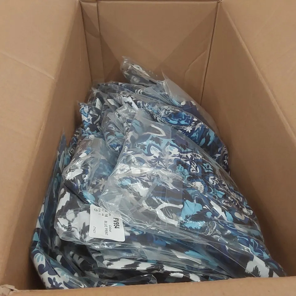 BOX CONTAINING APPROXIMATELY 35x BRAND NEW JD WILLIAMS BLUE SCARF PRINT SHIRTS - SIZE 16