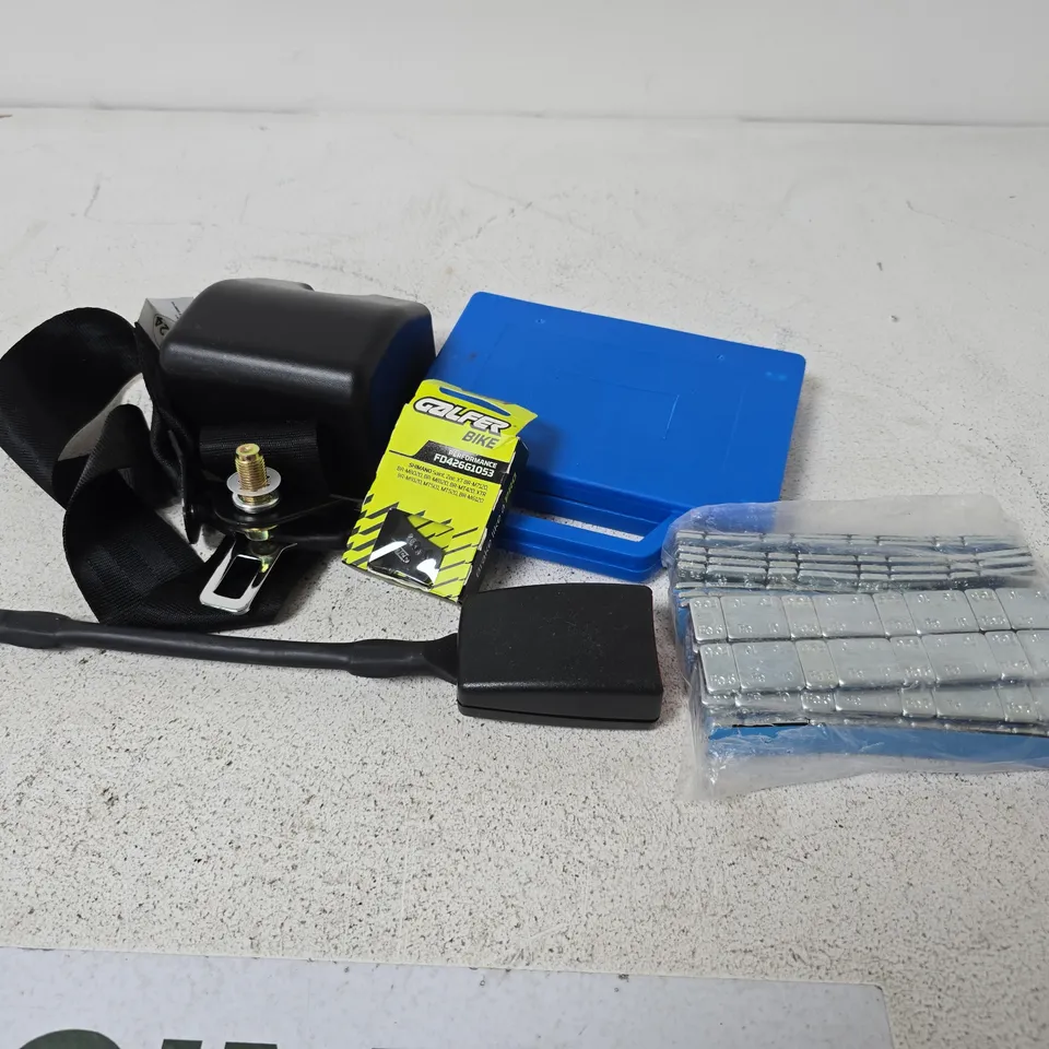 APPROXIMATELY 8 ASSORTED VEHICLE PARTS & ACCESSORIES TO INCLUDE WHEEL BALANCE WEIGHTS, SEATBELT BUCKLES, BIKE BRAKE PADS, ETC