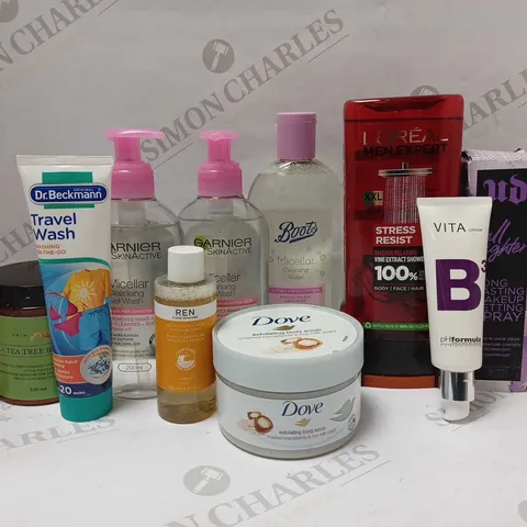 LOT OF APPROX 10 ASSORTED BEAUTY PRODUCTS TO INCLUDE GARNIER MICELLAR CLEANSING WATER, DOVE BODY SCRUB, URBAN DECAY ALL NIGHTER SETTING SPRAY, ETC