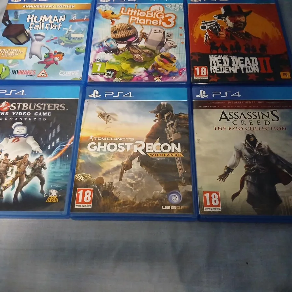 PLAYSTATION 4 GAME COLLECTION – 6 TITLES (HUMAN FALL FLAT, LITTLEBIGPLANET 3, RED DEAD REDEMPTION II, GHOSTBUSTERS: THE VIDEO GAME REMASTERED, TOM CLANCY'S GHOST RECON WILDLANDS, ASSASSIN'S CREED: THE