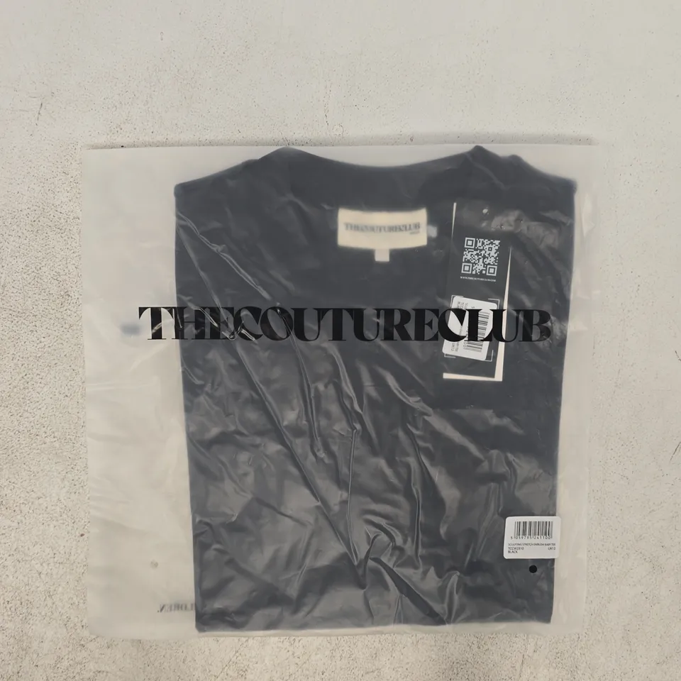 BAGGED THE COUTURE CLUB SCULPTING STRETCH EMBLEM BAYB TEE IN BLACK SIZE UK 12