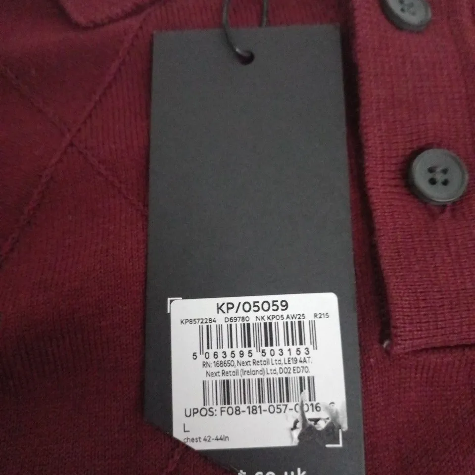 NEXT MEN'S BURGUNDY KNIT POLO SWEATER, SIZE L, REGULAR FIT