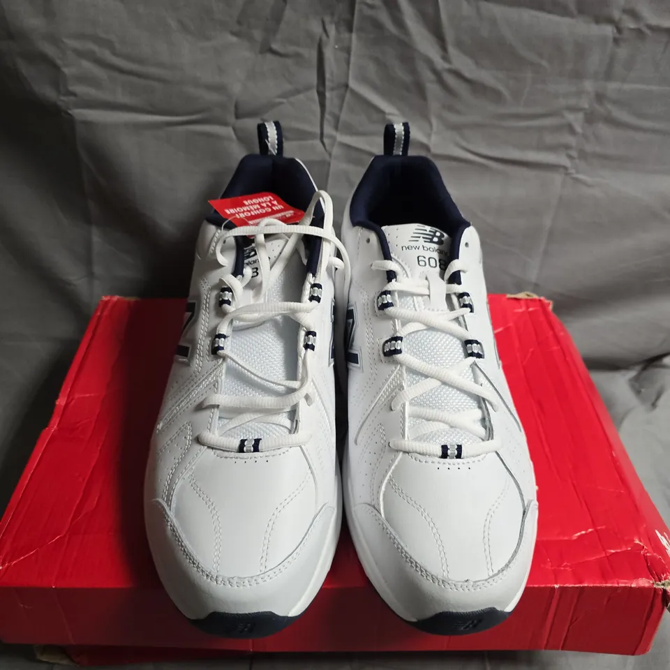BOXED PAIR OF NEW BALANCE 608 SNEAKERS – WHITE & NAVY -  UK SIZE 11