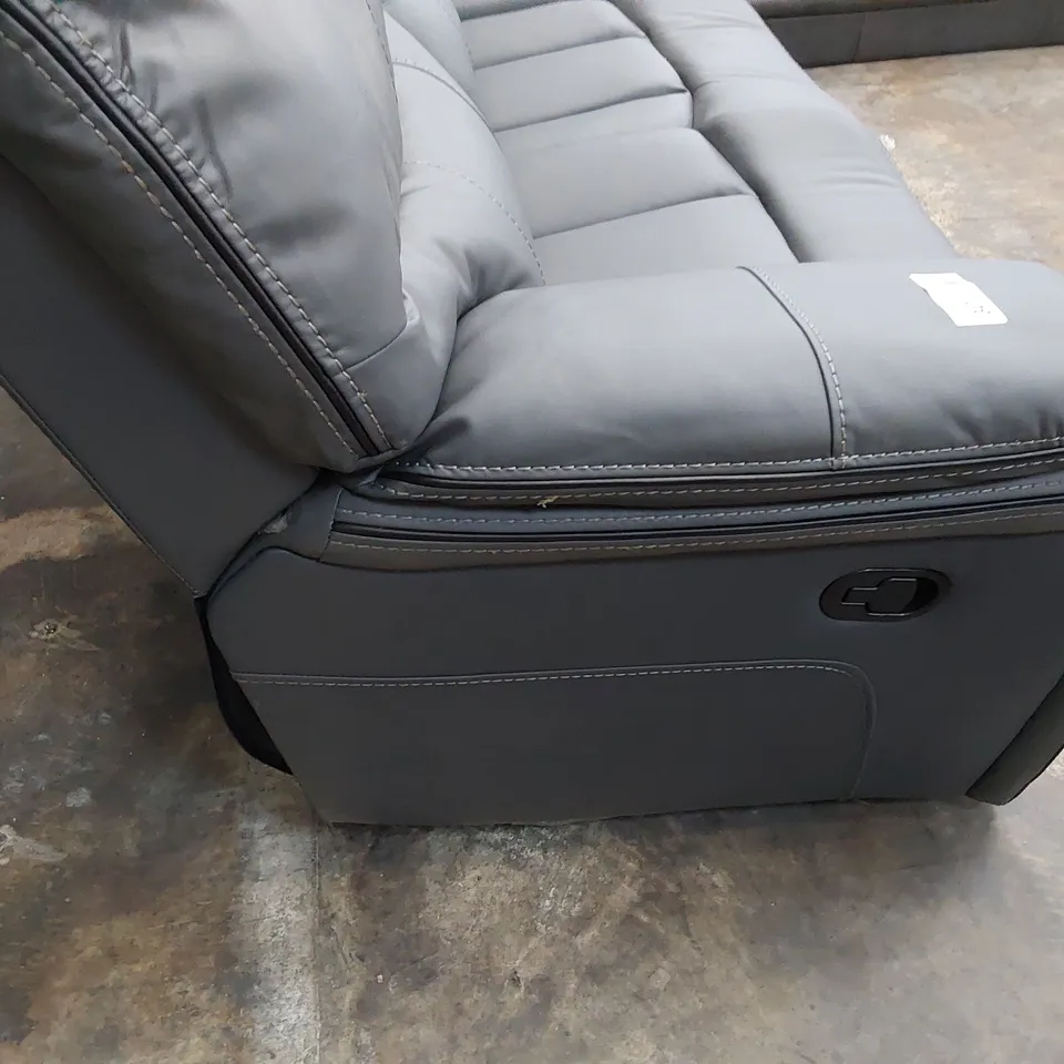 DESIGNER MANUAL RECLINING THREE SEATER SOFA GREY LEATHER WITH BLACK PIPING & FEATURED STITCHING 