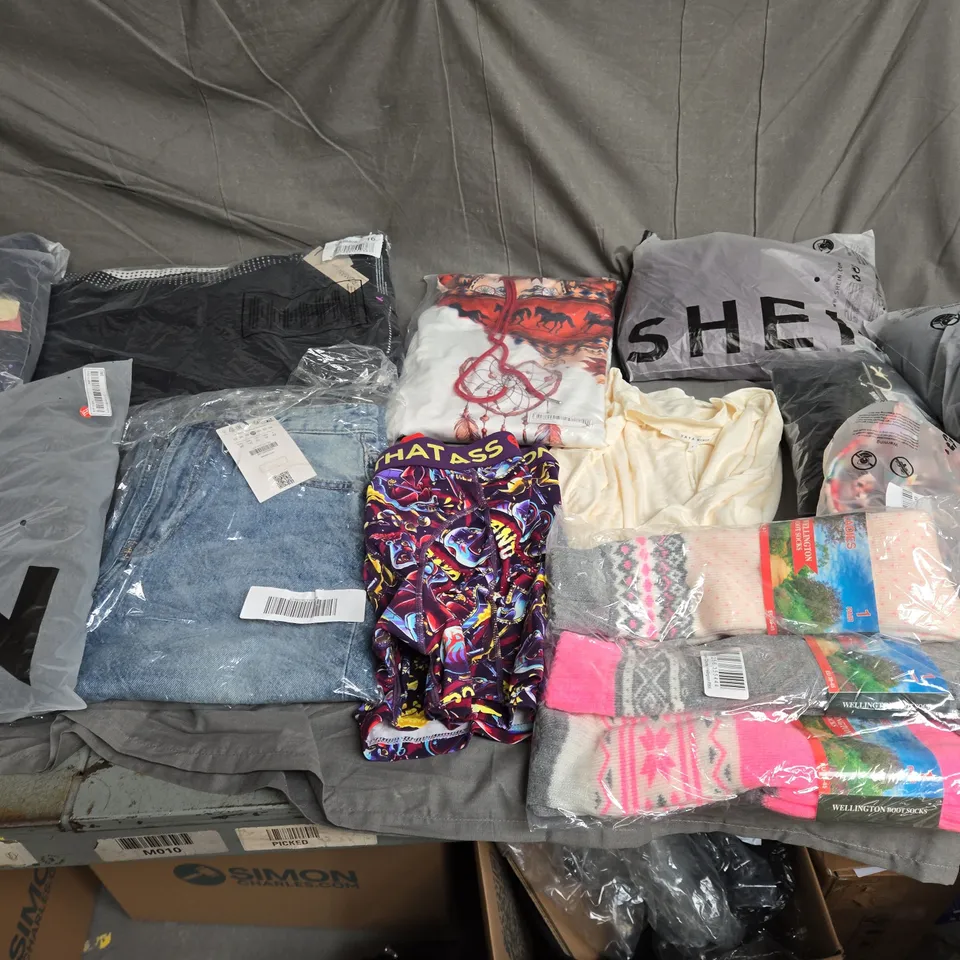 LARGE BOX OF ASSORTED CLOTHING ITEMS IN VARIOUS SIZES, STYLES AND COLOUR 