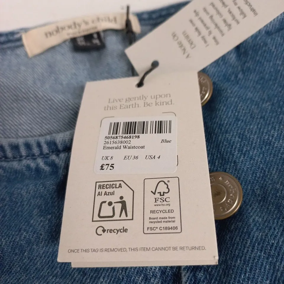 NOBODY'S CHILD EMERALD WAISTCOAT - DENIM BLUE, UK 8 (EU 36)