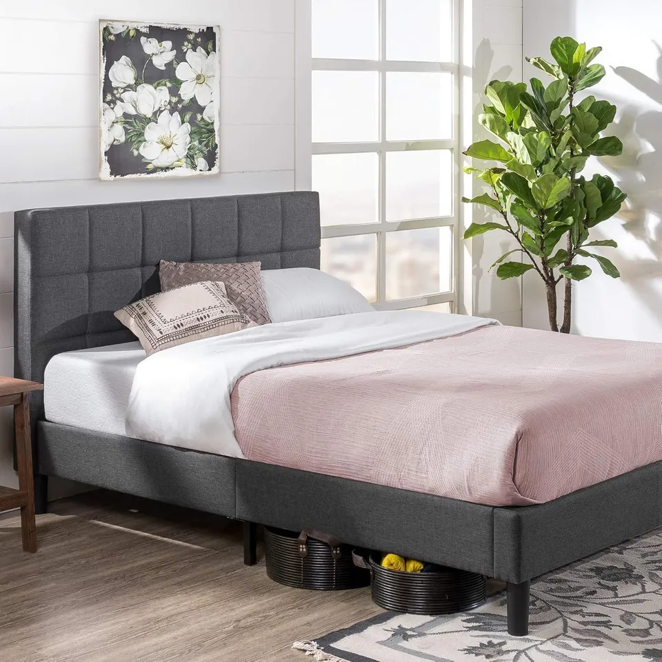 BOXED ZINUS LOTTIE UPHOLSTERED BED FRAME WITH HEADBOARD | KING 150X200 CM | 35 CM HIGH | PADDED, STICHED HEADBOARD | WOOD SLAT SUPPORT | EASY ASSEMBLY | GREY