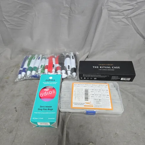 APPROXIMATELY 15 ASSORTED HOUSEHOLD ITEMS TO INCLUDE CAPSULE ORGANISER, DOG POO BAGS, PEN, FLAT WASHER KIT ETC