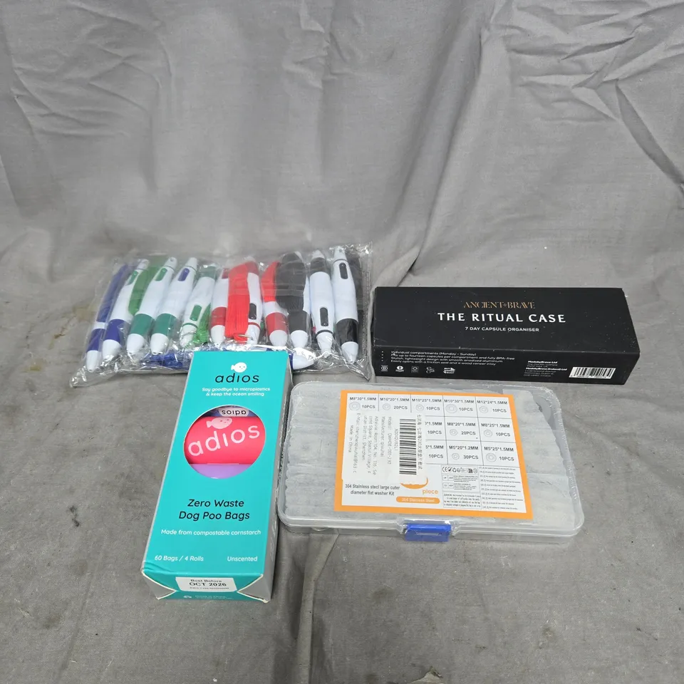 APPROXIMATELY 15 ASSORTED HOUSEHOLD ITEMS TO INCLUDE CAPSULE ORGANISER, DOG POO BAGS, PEN, FLAT WASHER KIT ETC