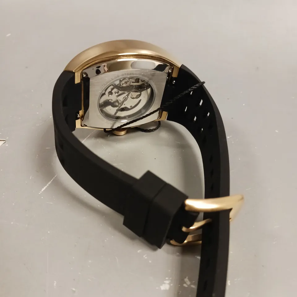 MENS AUTOMATIC DESCHAMPS & CO WATCH – SKELETON DIAL – GLASS EXHIBITION BACK CASE – RUBBER STRAP