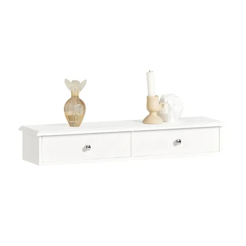 BOXED SOBUY FRG43-W, FLOATING SHELF WITH 2 DRAWERS - MODERN WALL MOUNTED SHELF FOR BEDROOM, WHITE W64 X D15 X H10CM