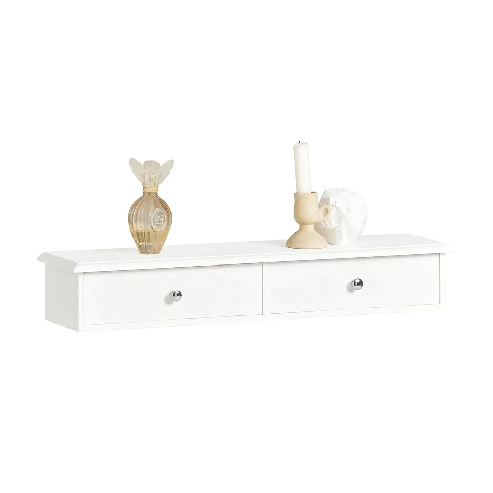 BOXED SOBUY FRG43-W, FLOATING SHELF WITH 2 DRAWERS - MODERN WALL MOUNTED SHELF FOR BEDROOM, WHITE W64 X D15 X H10CM