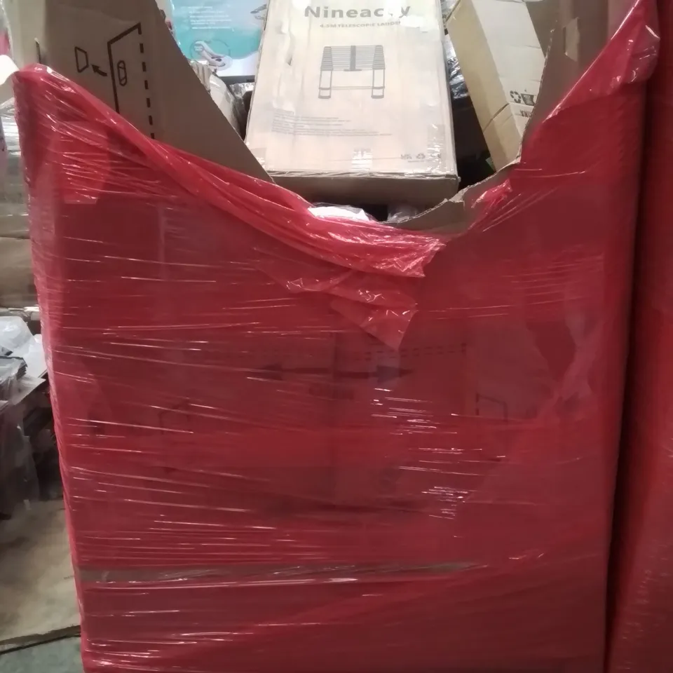 PALLET CONTAINING VARIOUS ASSORTED BOXED HOUSEHOLD ITEMS TO INCLUDE: 4.5M TELESCOPIC LADDER, FOOT MASSAGER, COMPOST, KIDS SCOOTER AND LOTS MORE UNMARKED BOXED ITEMS 