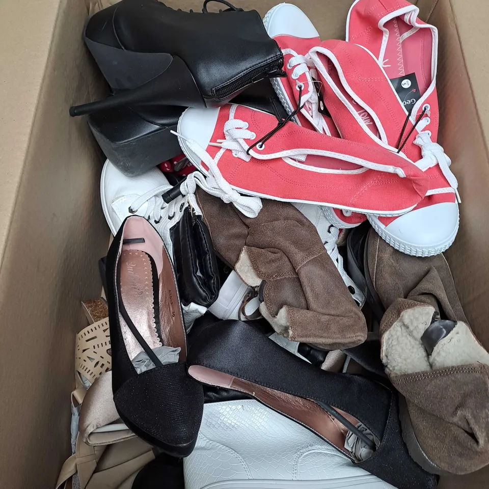 BOX OF APPROXIMATELY 10 PAIRS OF ASSORTED SHOES IN VARIOUS STYLES, COLOURS AND SIZES